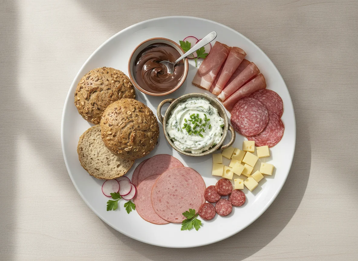 Frühstücksplatte mit Brötchen und Aufschnitt photo