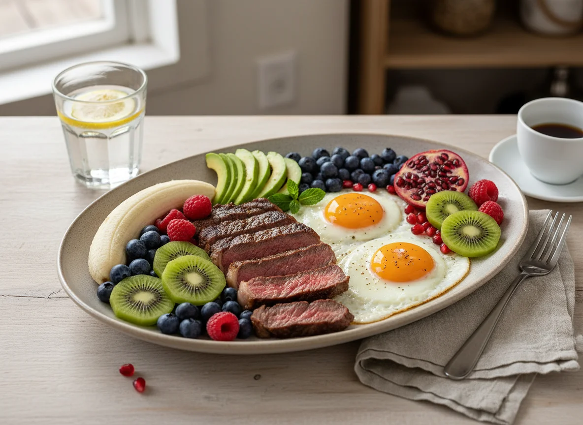 Frühstücksplatte mit Rindersteak, Spiegelei und Früchten photo