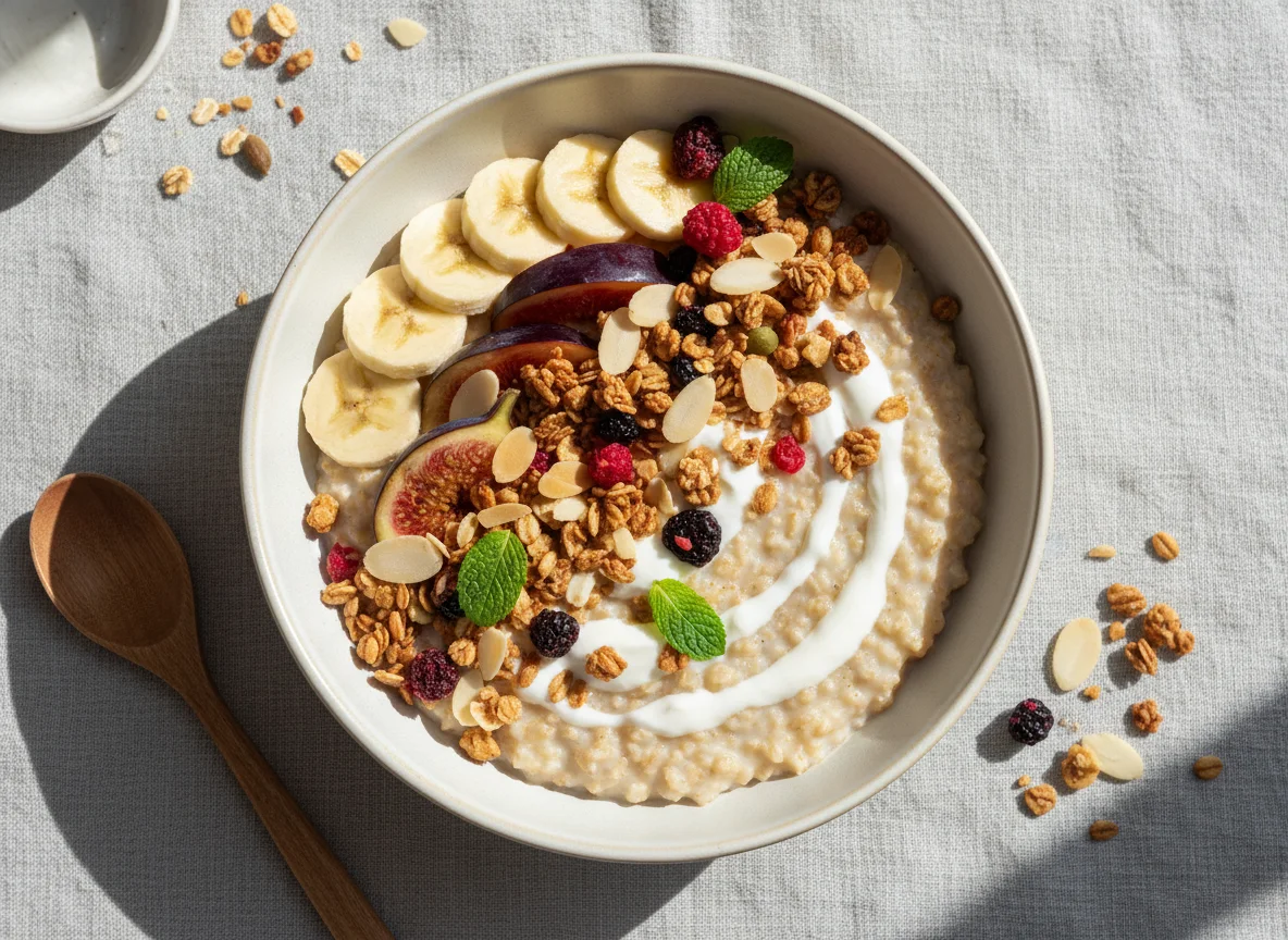 Frühstücks-Porridge mit Früchten und Nüssen photo