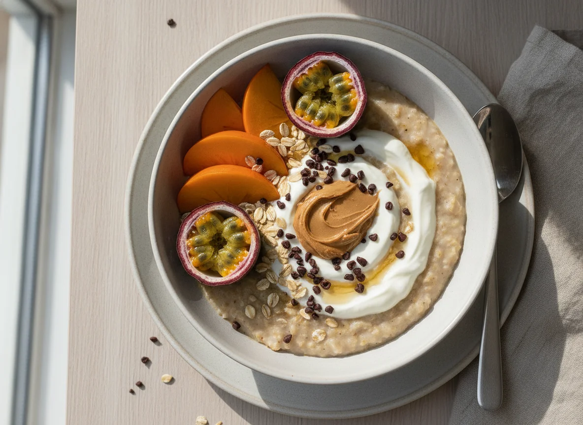 Frühstücks-Porridge mit Früchten und Toppings photo