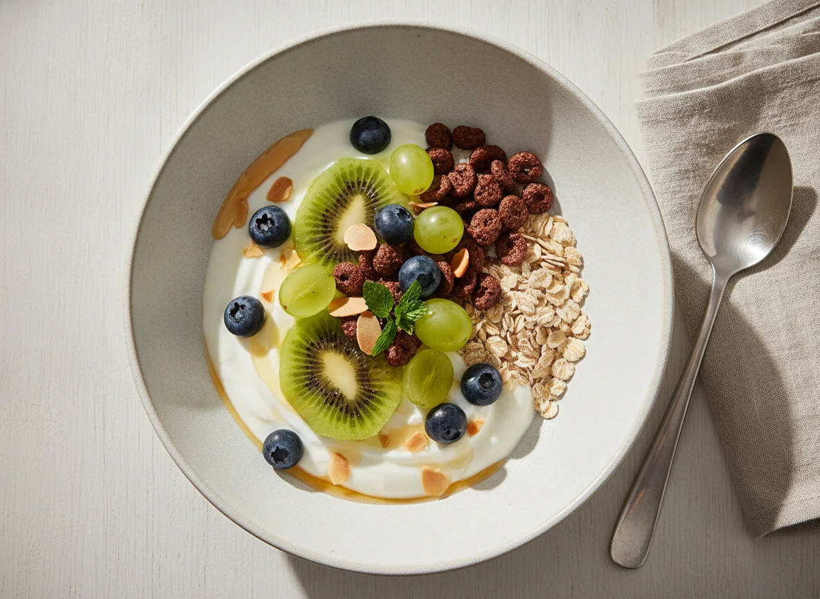 Frühstücksschale mit Haferflocken, Joghurt und Früchten photo