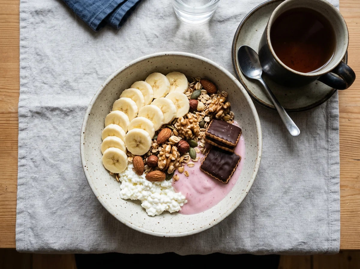 Frühstücksschale mit Hüttenkäse, Banane, Joghurt und Müsli photo