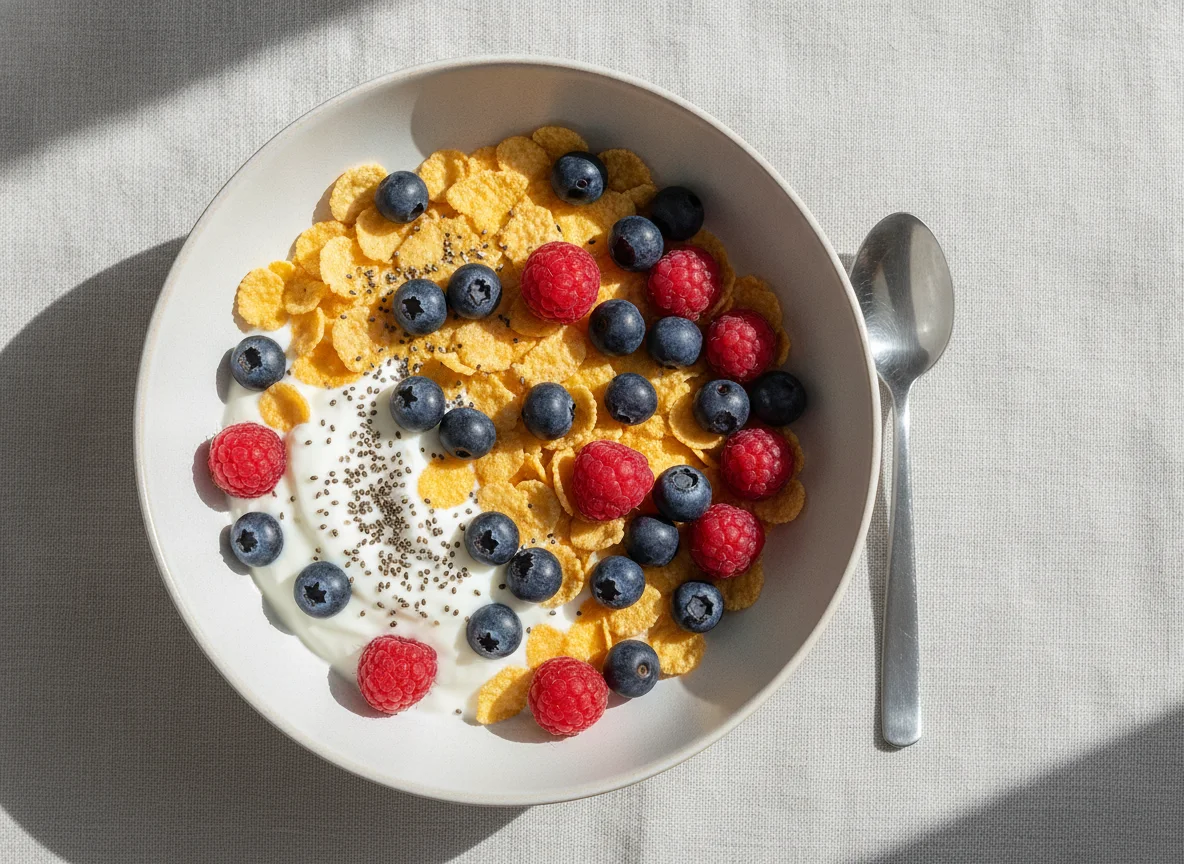Frühstücksschale mit Joghurt, Beeren und Cornflakes photo