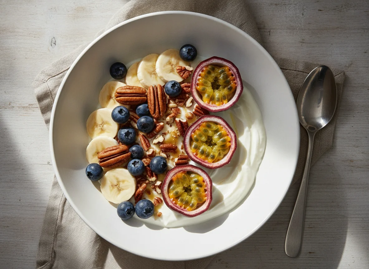 Frühstücksschale mit Joghurt, Früchten und Pekannüssen photo