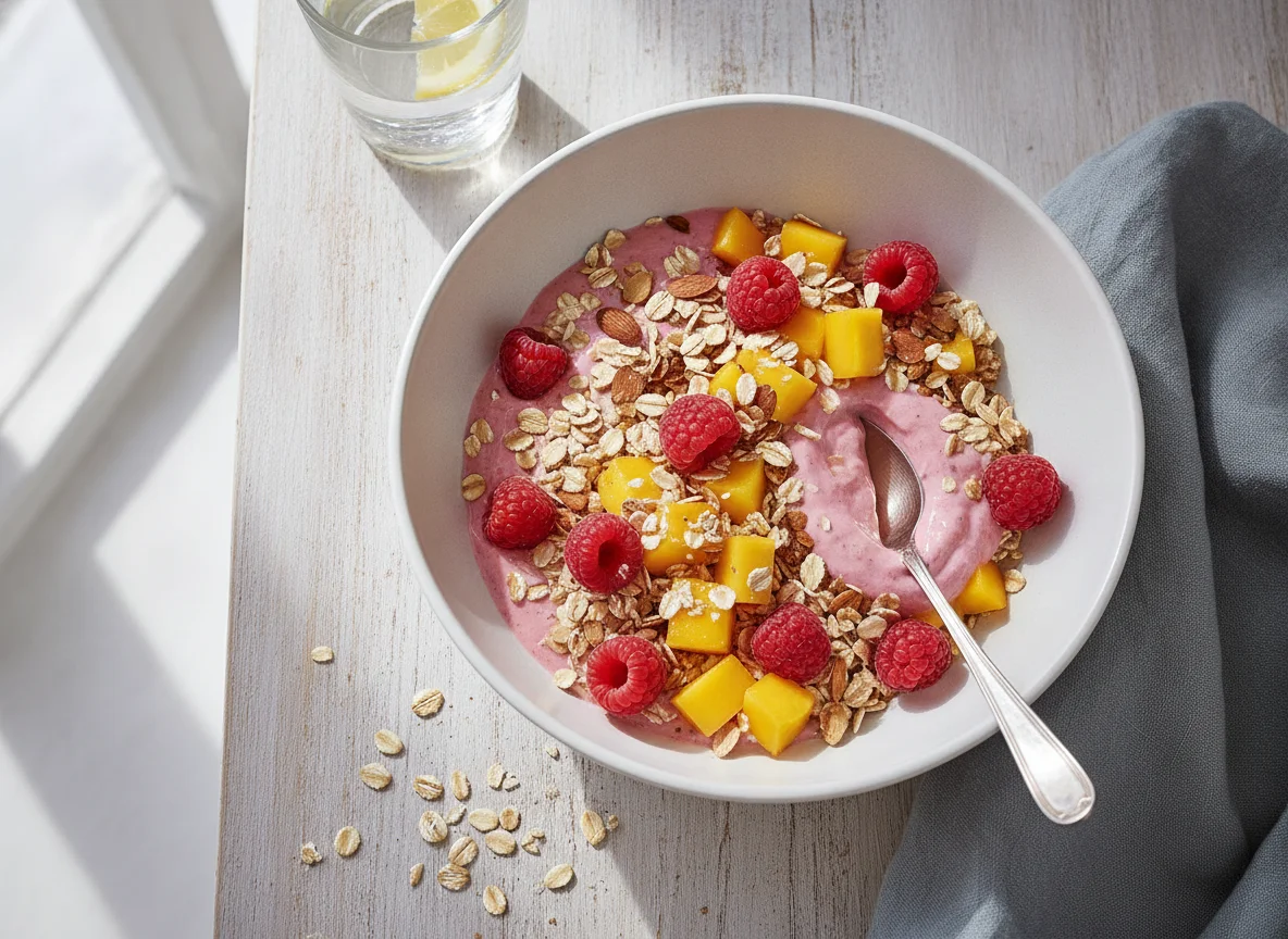 Frühstücksschale mit Joghurt, Haferflocken und Früchten photo