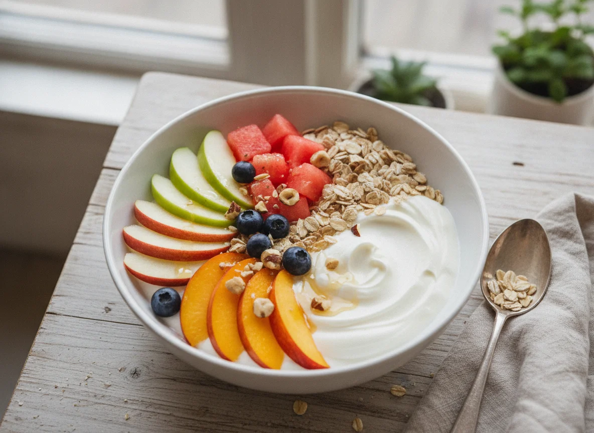 Frühstücksschale mit Joghurt, Haferflocken und Obst photo