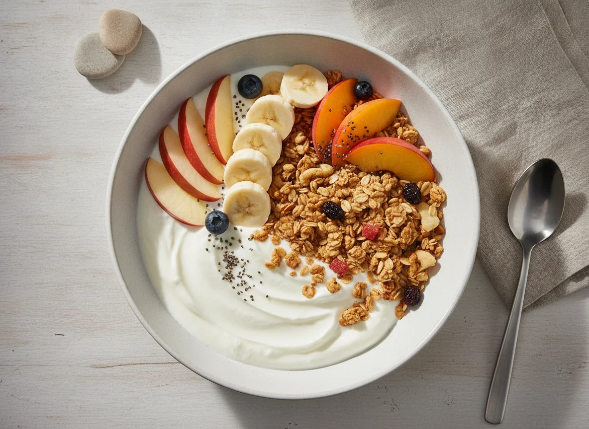 Frühstücksschale mit Joghurt, Müsli und Obst photo
