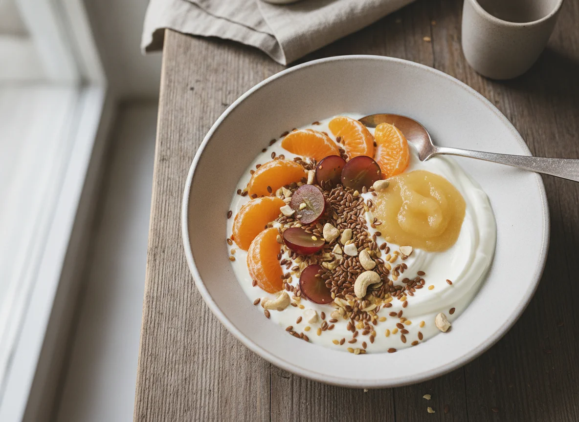 Frühstücksschale mit Joghurt, Obst und Kernen photo