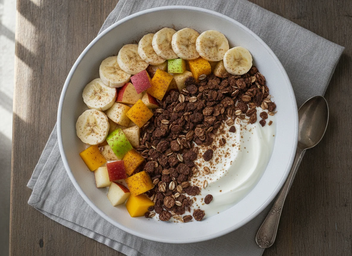 Frühstücksschale mit Joghurt, Obst und Müsli photo