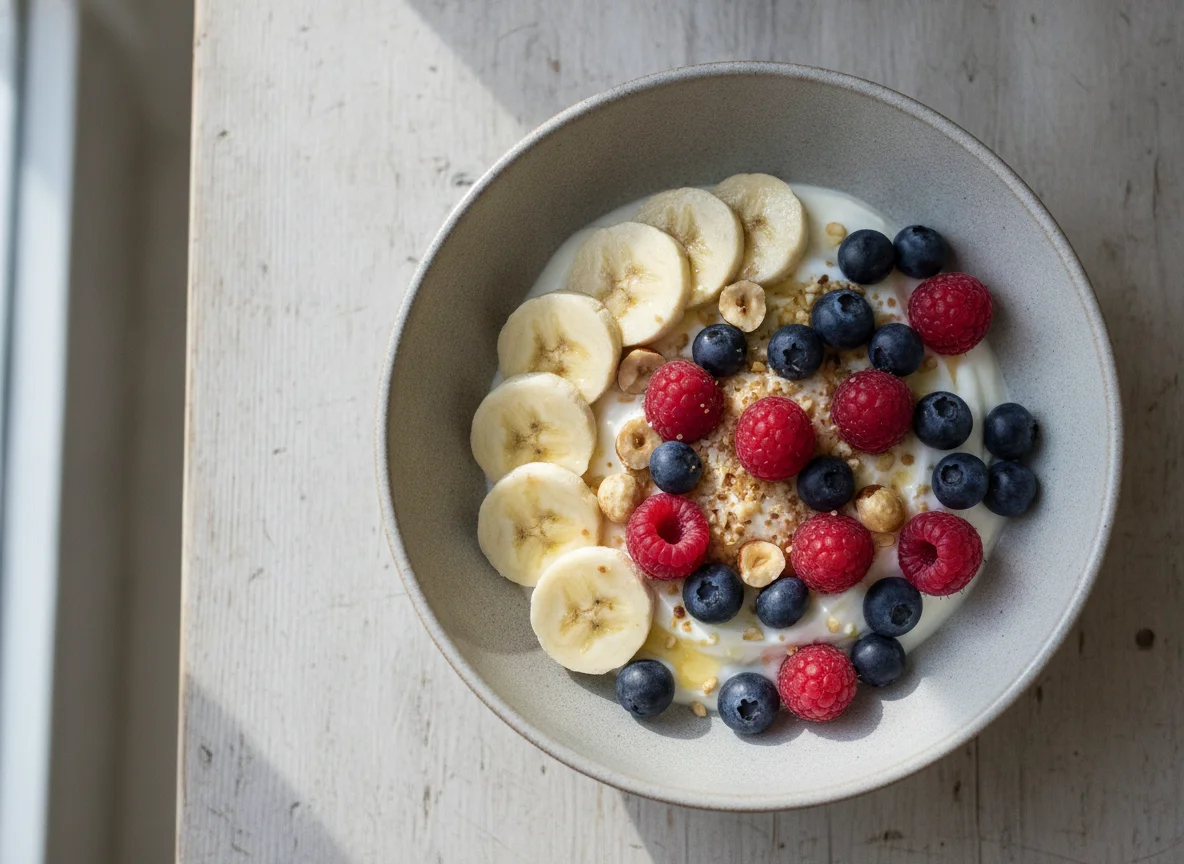 Frühstücksschale mit Joghurt, Obst und Nüssen photo