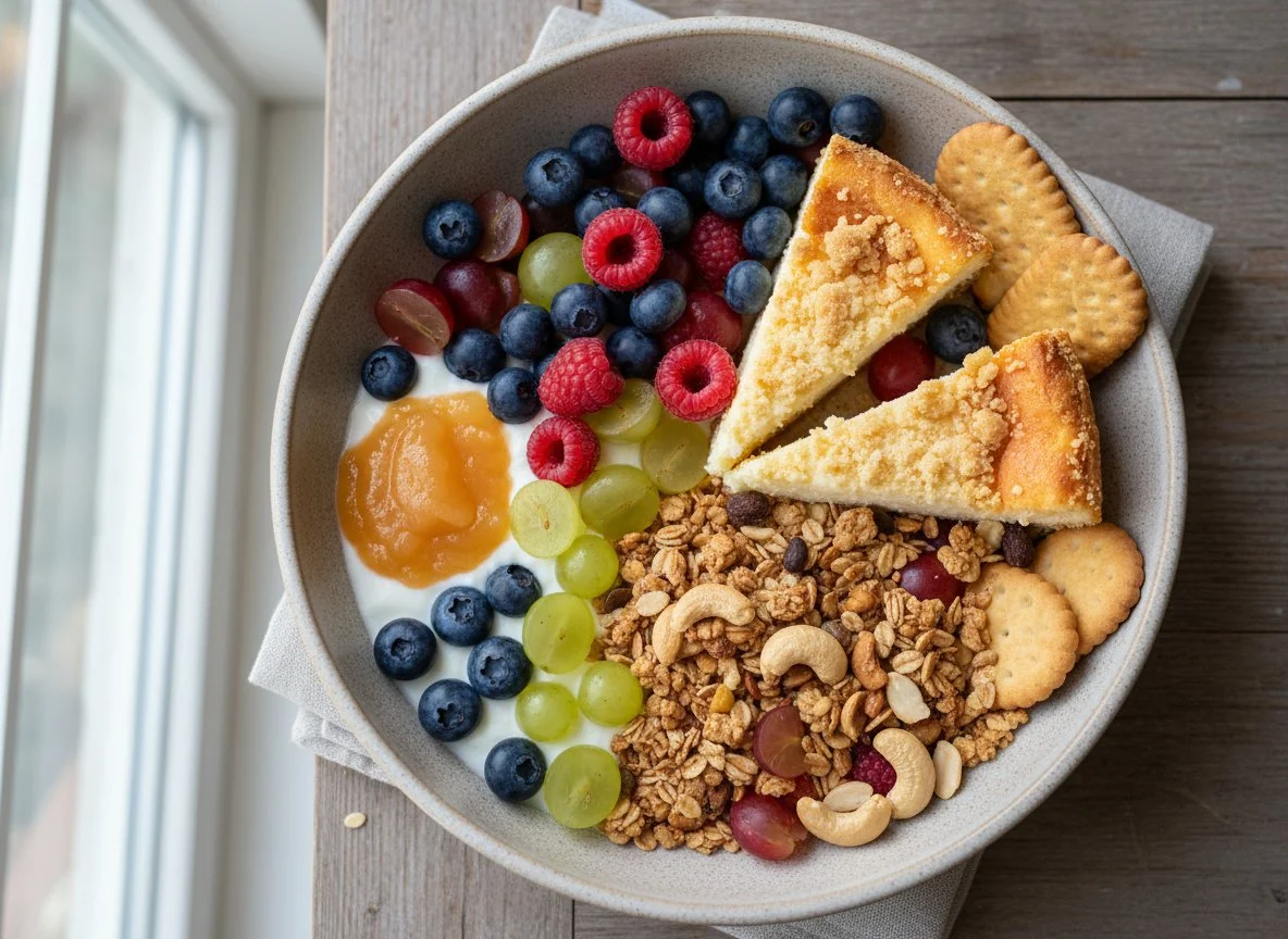Frühstücksschale mit Kuchen und Keksen photo