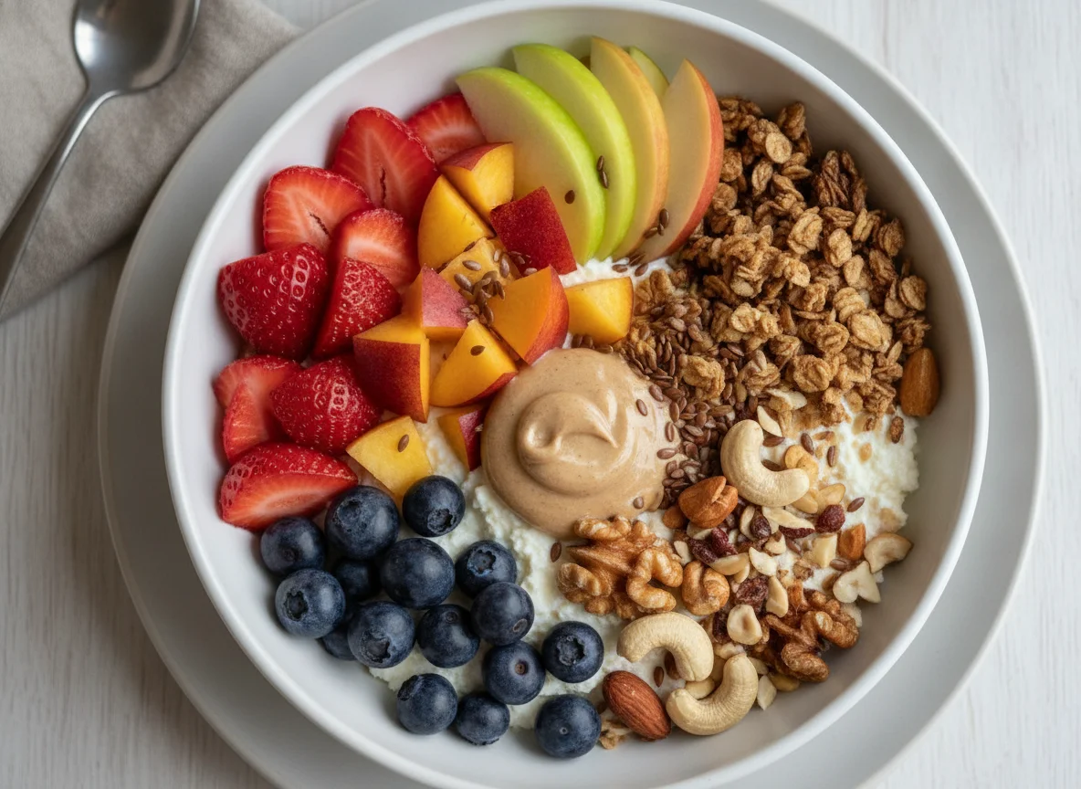 Frühstücksschale mit Magerquark, Früchten und Nüssen photo