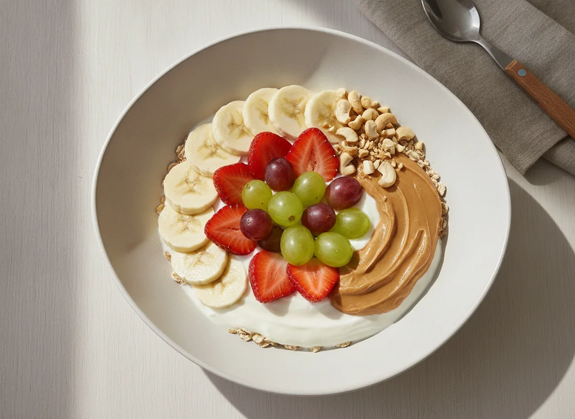 Frühstücksschüssel mit Haferflocken, Joghurt und Früchten photo