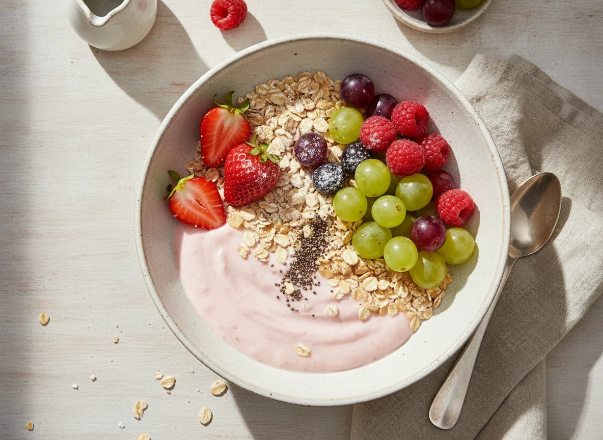Frühstücksschüssel mit Joghurt, Haferflocken und Früchten photo