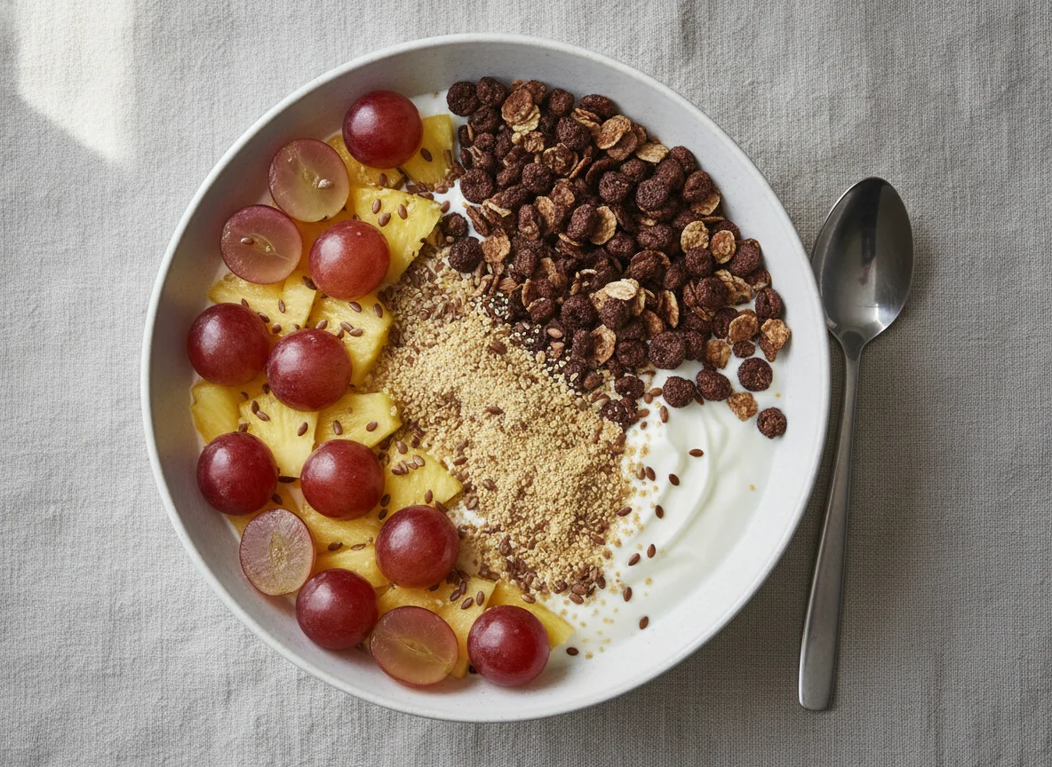Frühstücksschüssel mit Joghurt, Müsli und Früchten photo