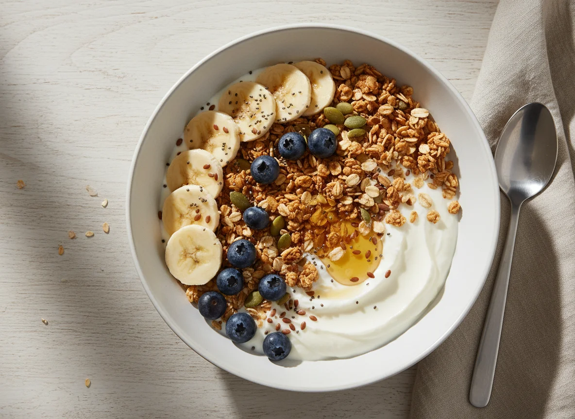 Frühstücks-Skyr mit Haferflocken, Müsli, Früchten und Samen photo
