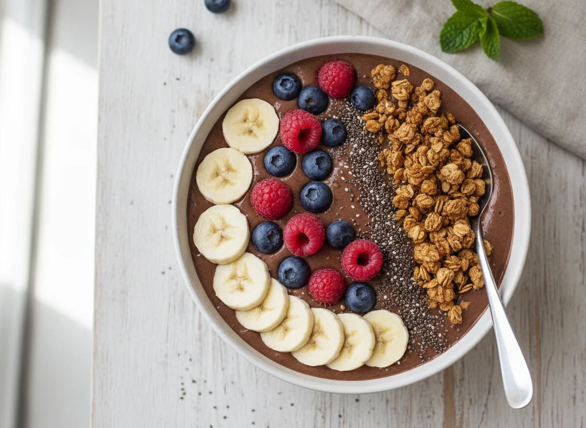 Frühstücks-Smoothie-Bowl mit Beeren und Banane photo