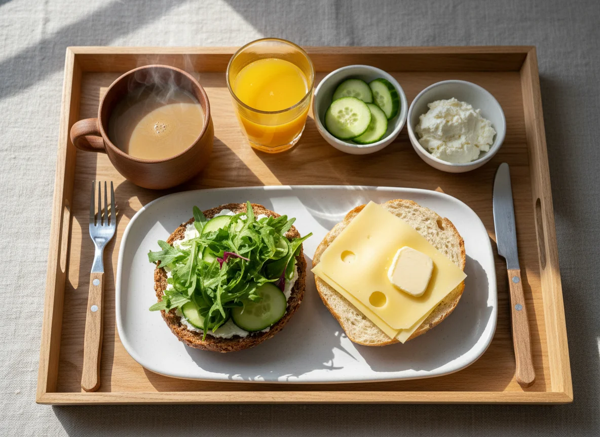 Frühstückstablett mit Brötchen und Kaffee photo