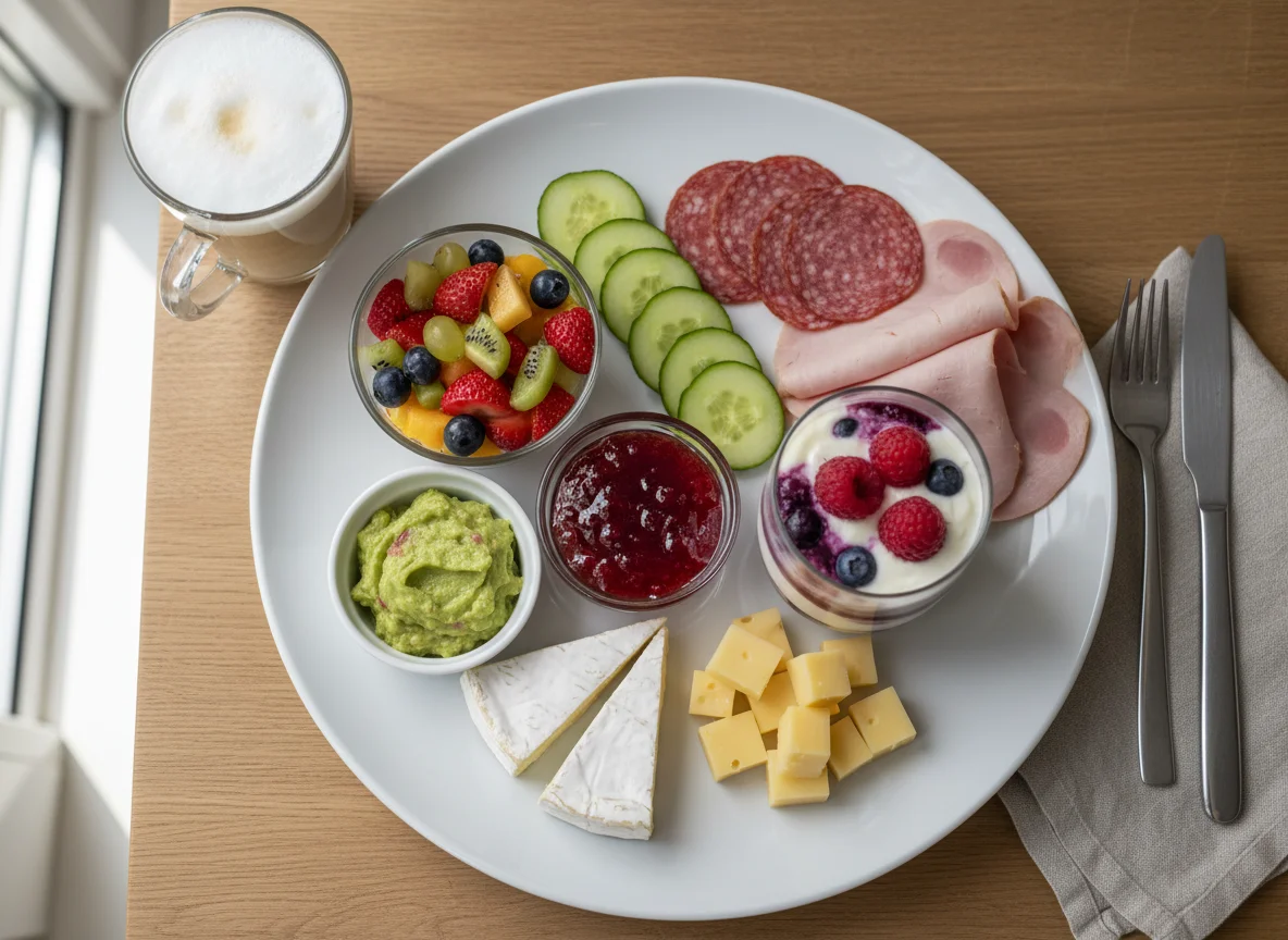 Frühstücksteller mit Aufschnitt, Käse, Obst und Dips photo
