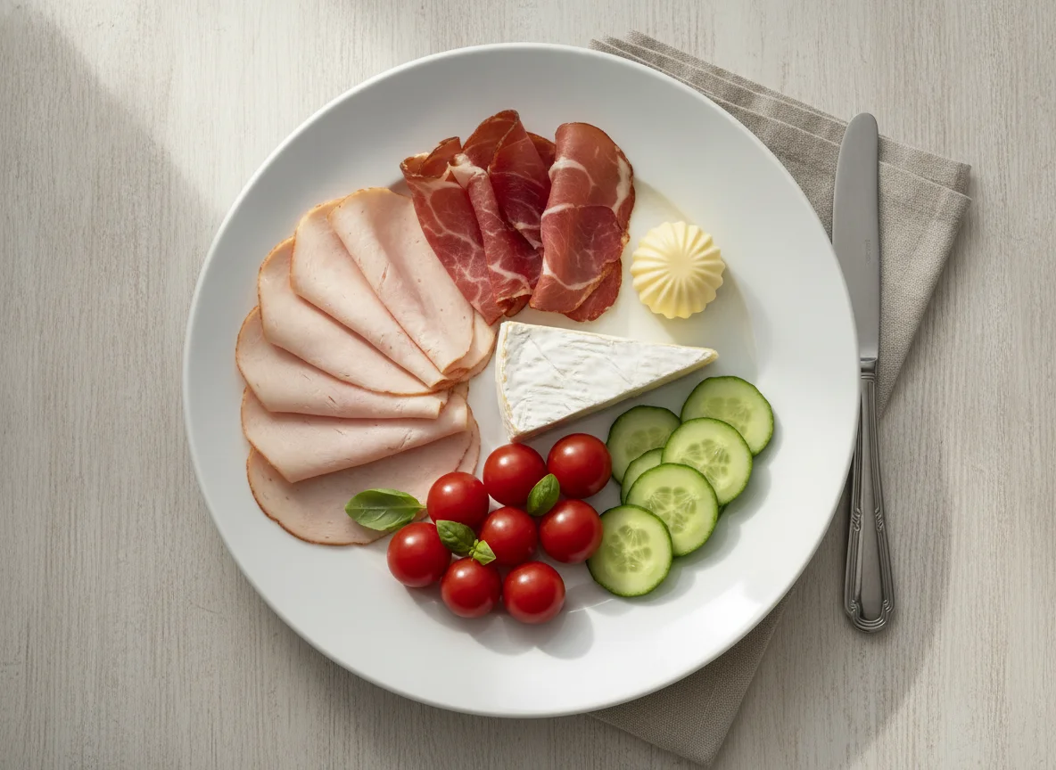 Frühstücksteller mit Aufschnitt, Käse und Gemüse photo