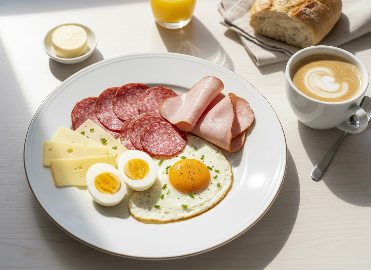 Frühstücksteller mit Aufschnitt und Eiern photo