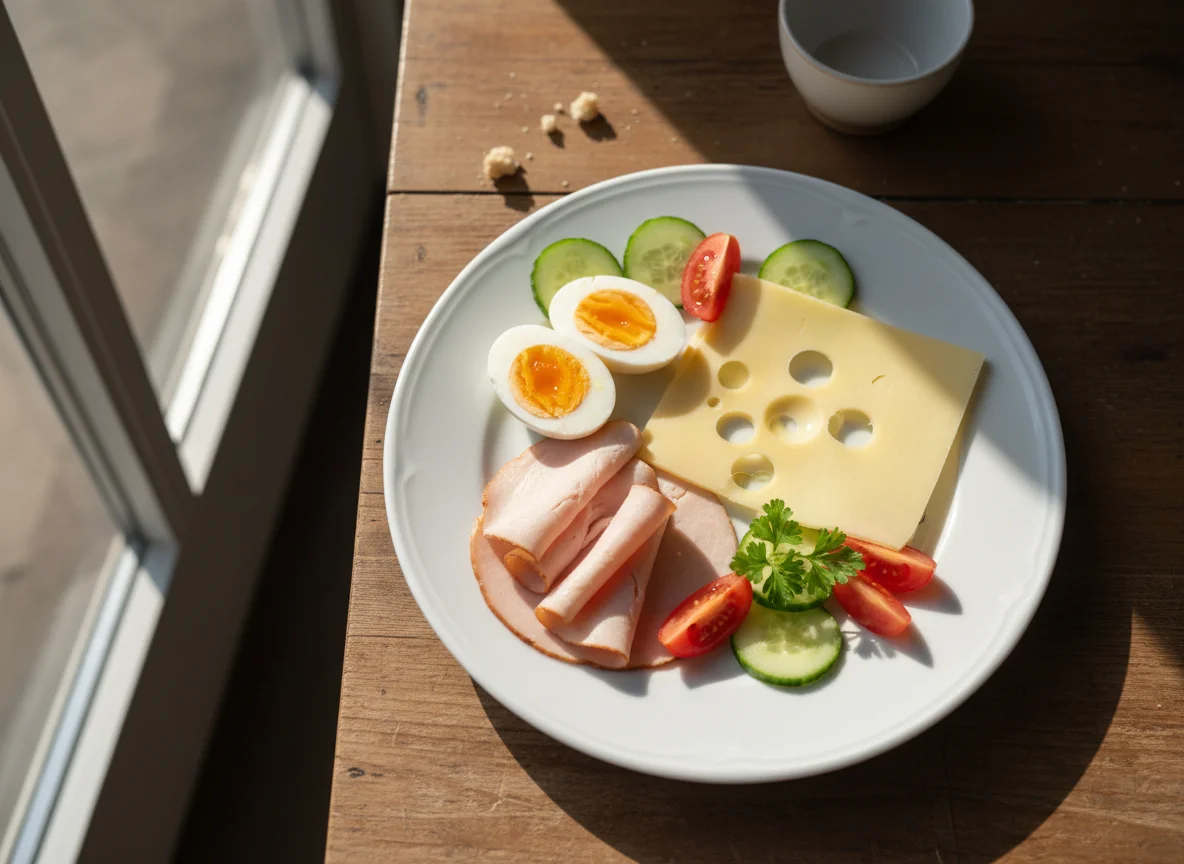 Frühstücksteller mit Aufschnitt und Gemüse photo