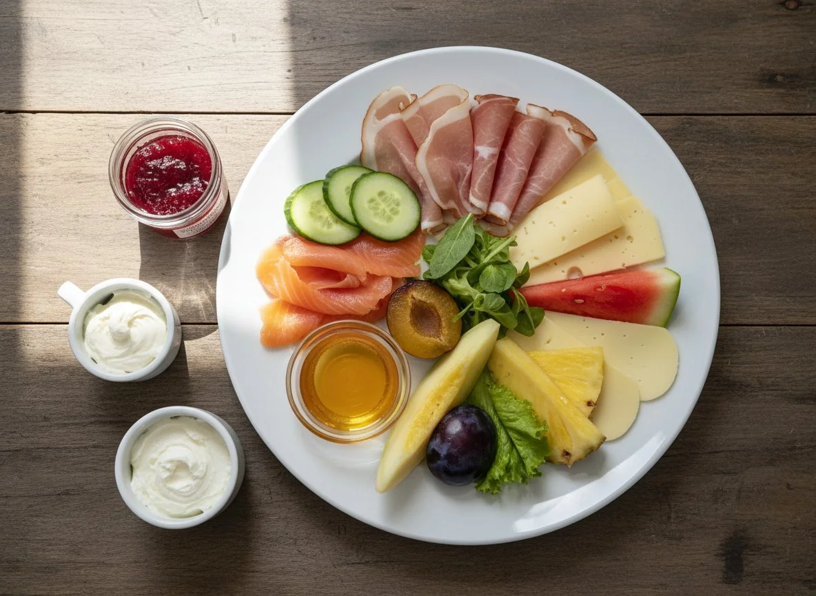 Frühstücksteller mit Aufschnitt und Obst photo