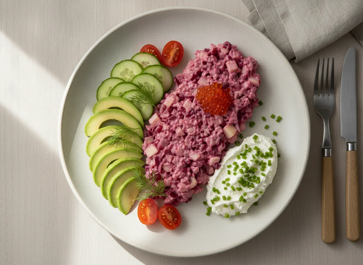 Frühstücksteller mit Avocado und Heringssalat photo