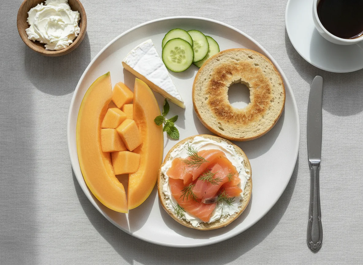 Frühstücksteller mit Bagel und Melone photo