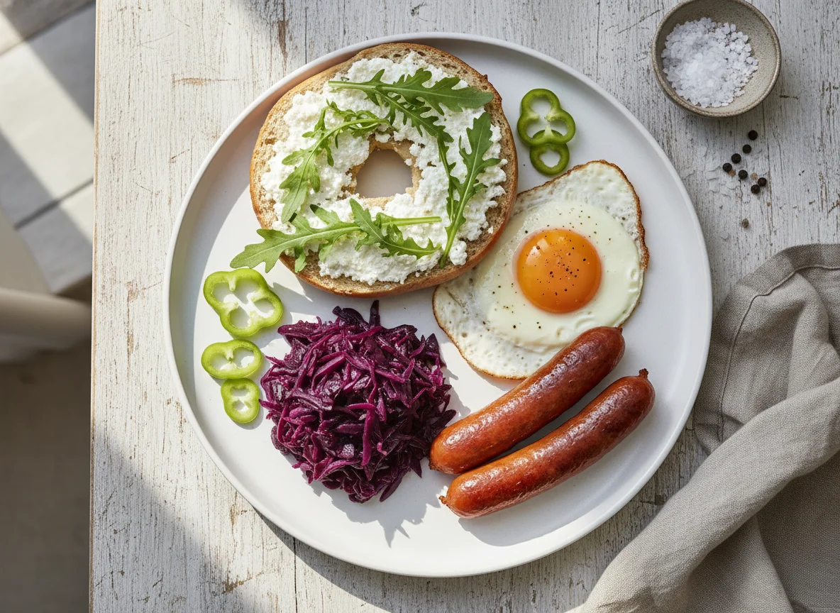 Frühstücksteller mit Bagel, Würstchen und Ei photo