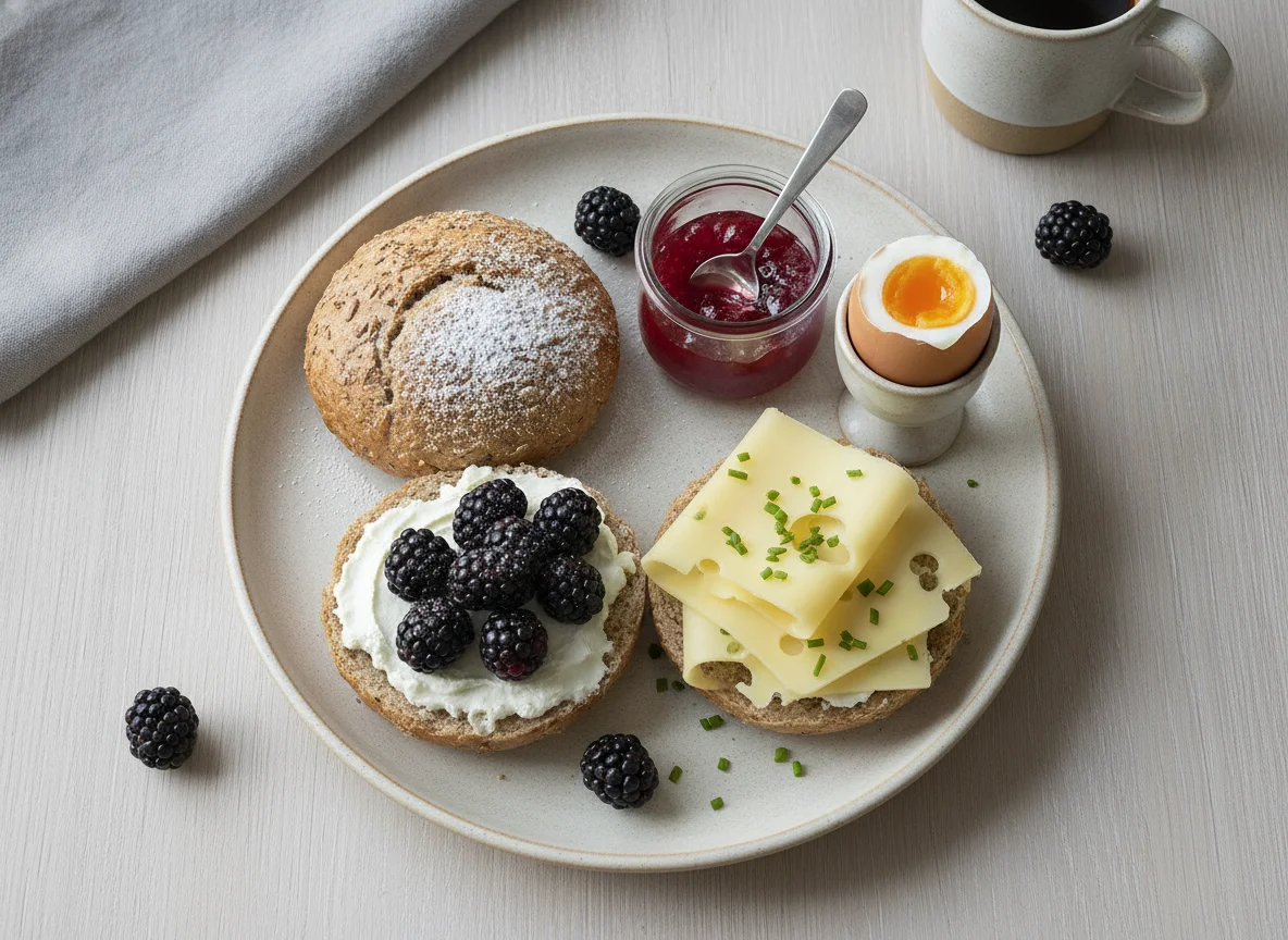 Frühstücksteller mit belegten Brötchen photo