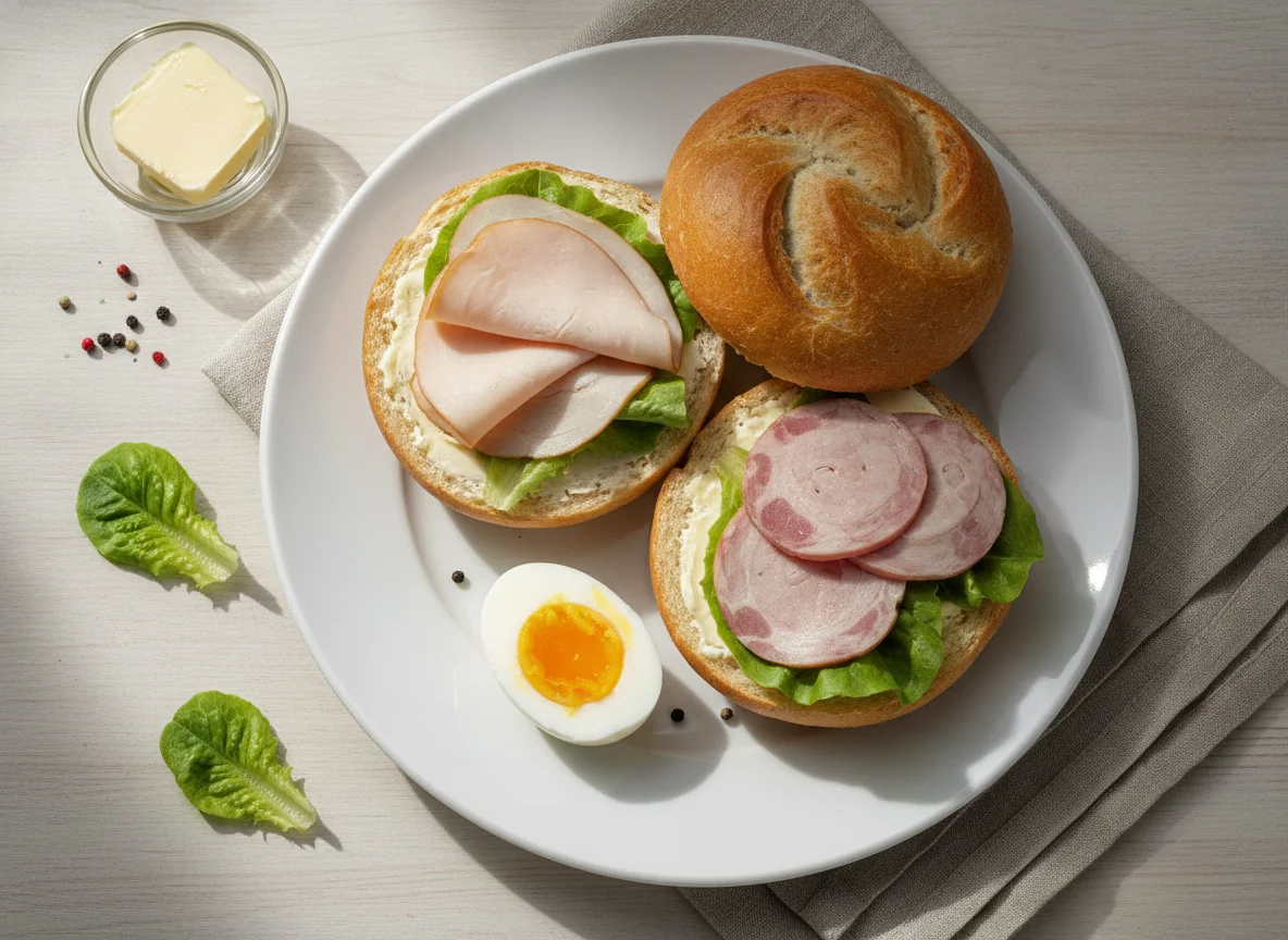 Frühstücksteller mit belegten Brötchen und Ei photo