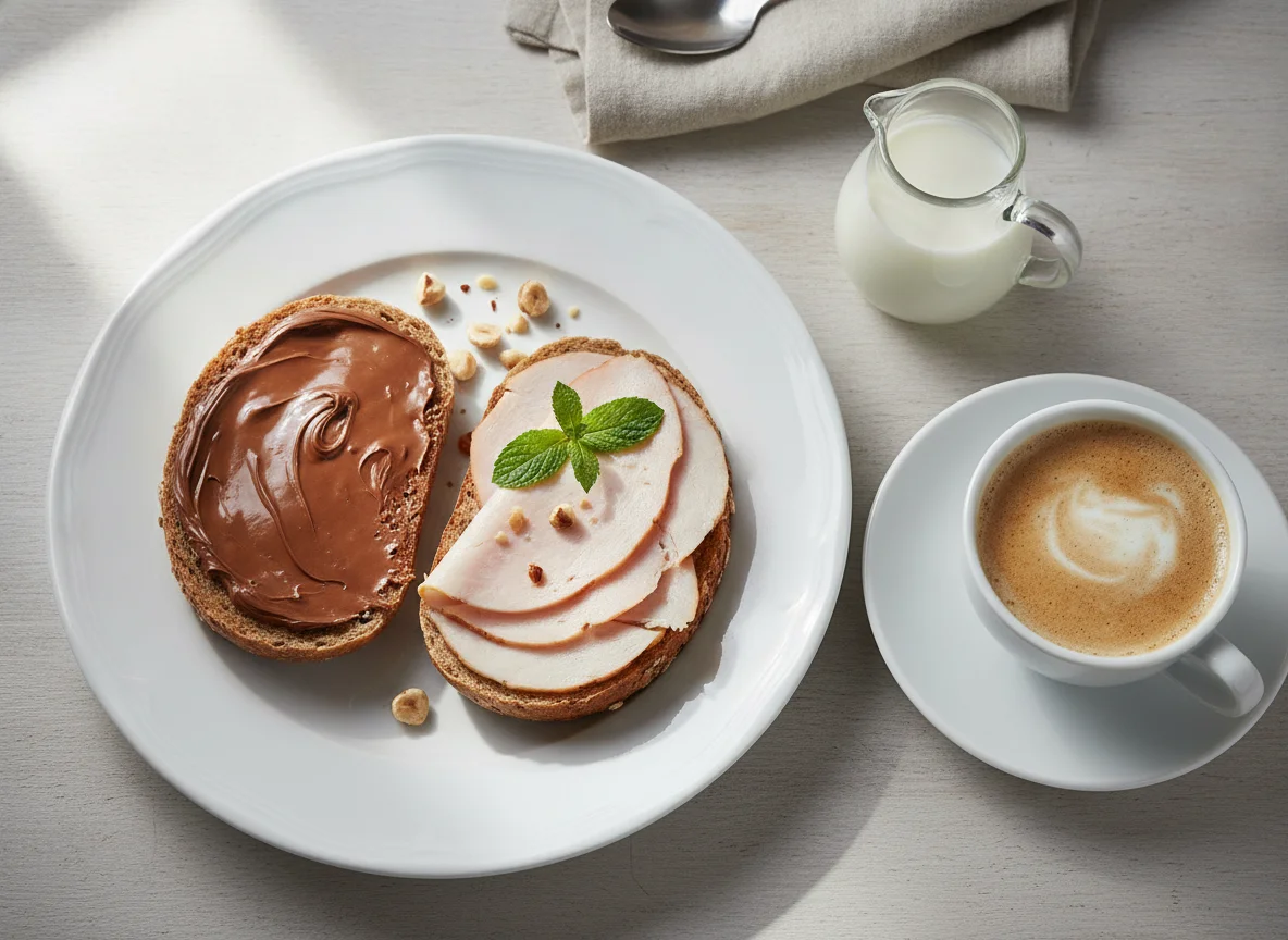 Frühstücksteller mit belegten Brötchen und Kaffee photo