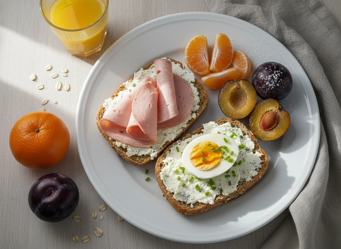 Frühstücksteller mit belegten Brötchen und Obst photo