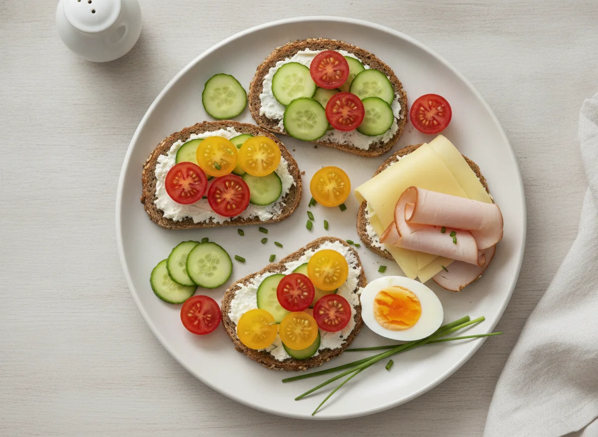 Frühstücksteller mit belegten Broten, Ei und Gemüse photo