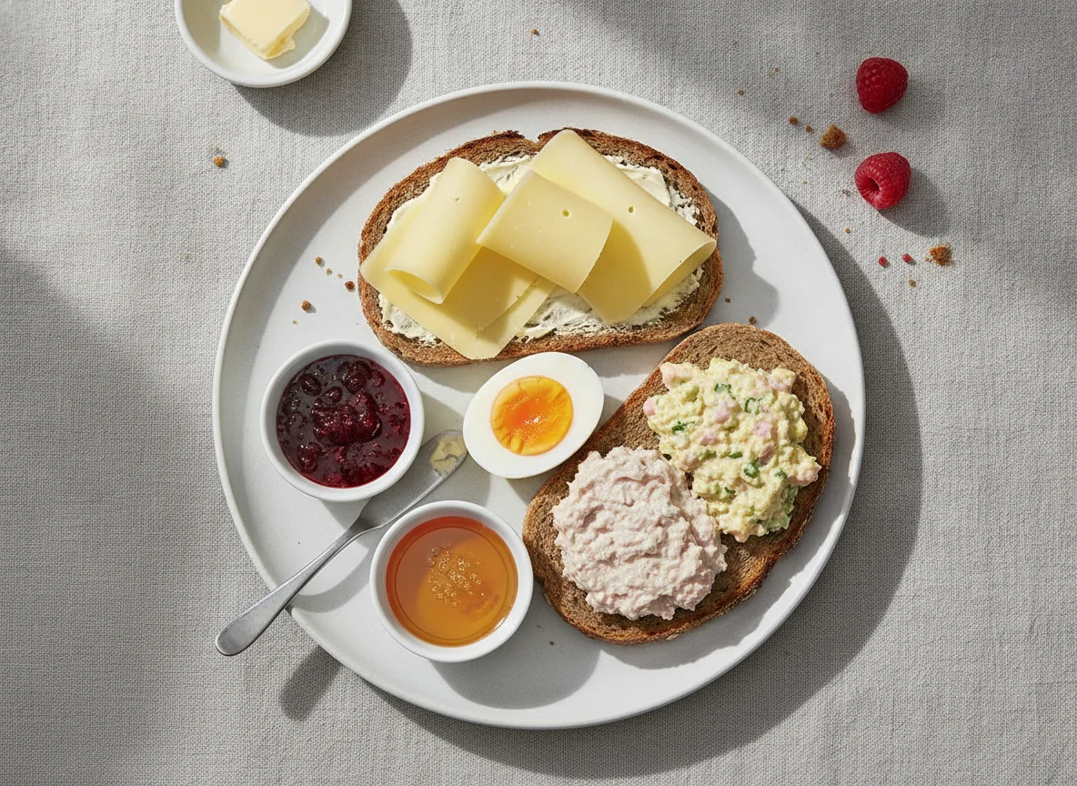 Frühstücksteller mit belegten Broten und Ei photo