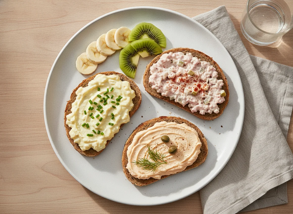 Frühstücksteller mit belegten Broten und Obst photo