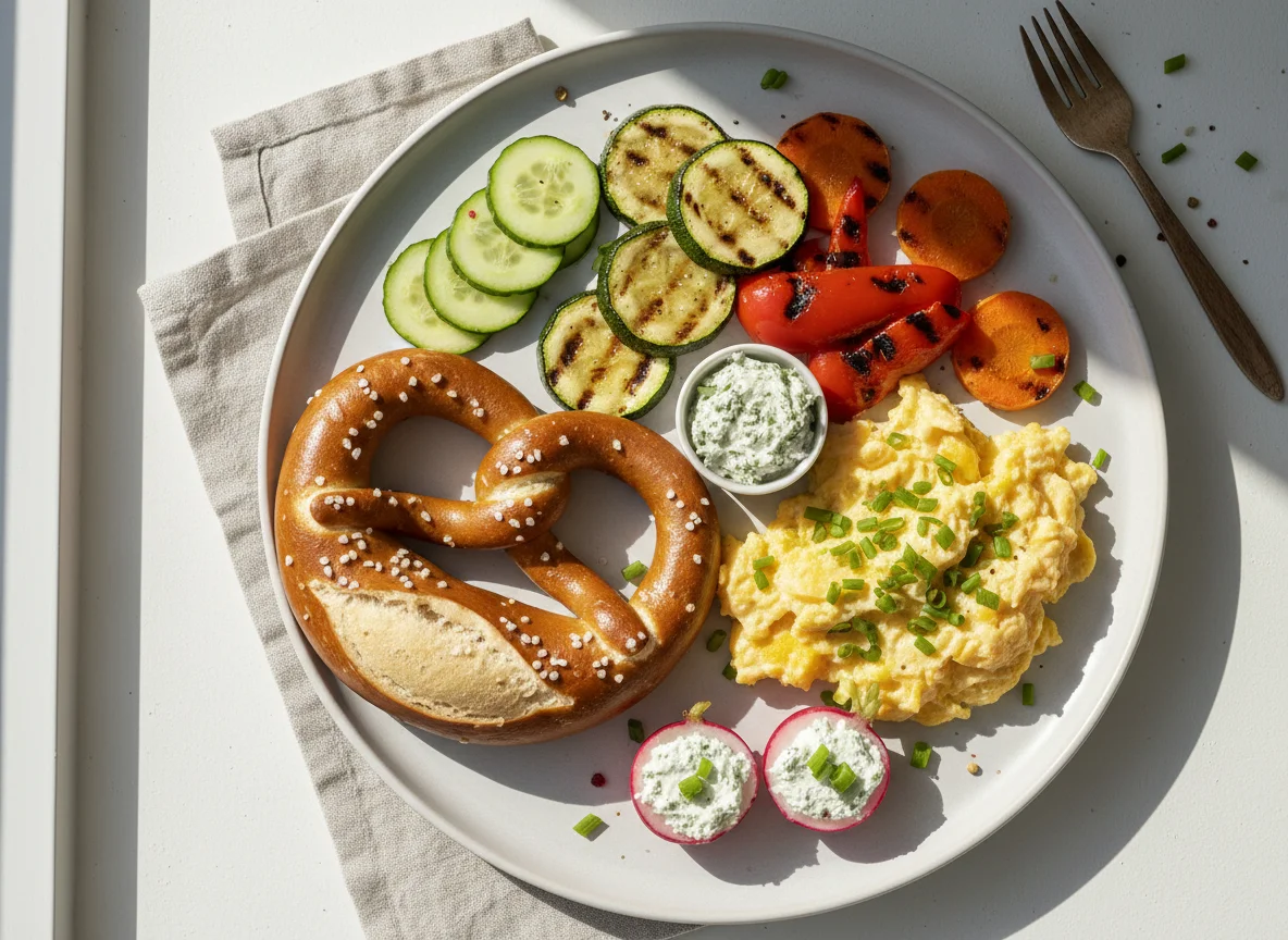 Frühstücksteller mit Brezel und Rührei photo