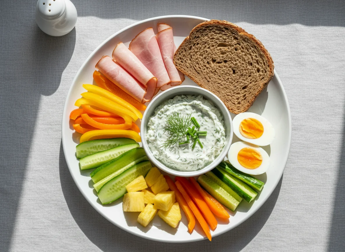 Frühstücksteller mit Brot, Aufschnitt, Gemüse und Ei photo