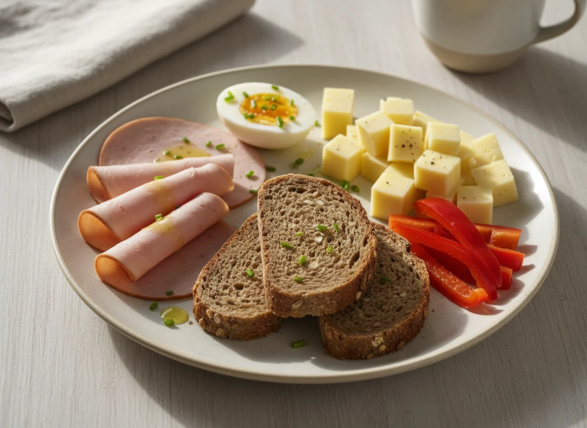 Frühstücksteller mit Brot, Aufschnitt, Käse, Paprika und Ei photo
