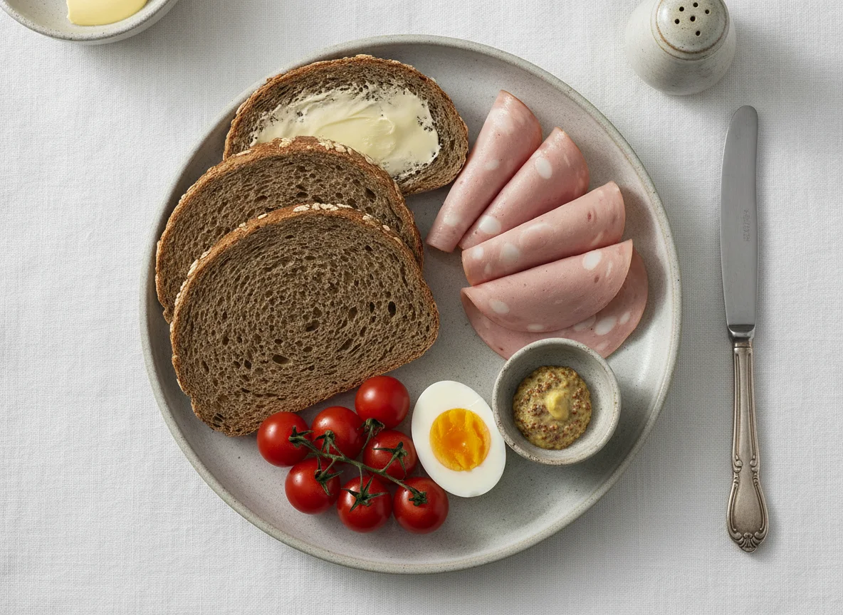 Frühstücksteller mit Brot, Aufschnitt und Ei photo