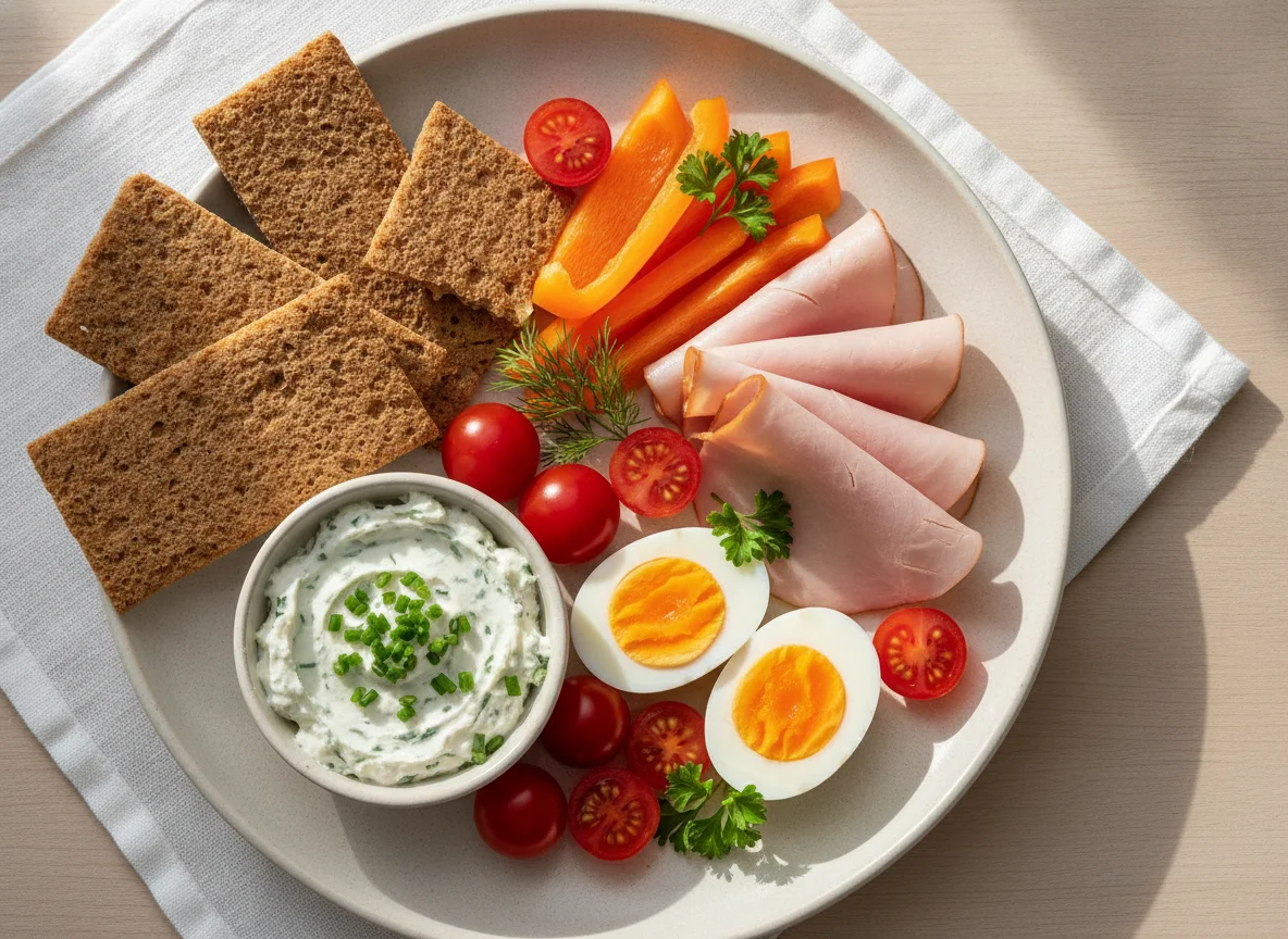 Frühstücksteller mit Brot, Aufschnitt und Gemüse photo