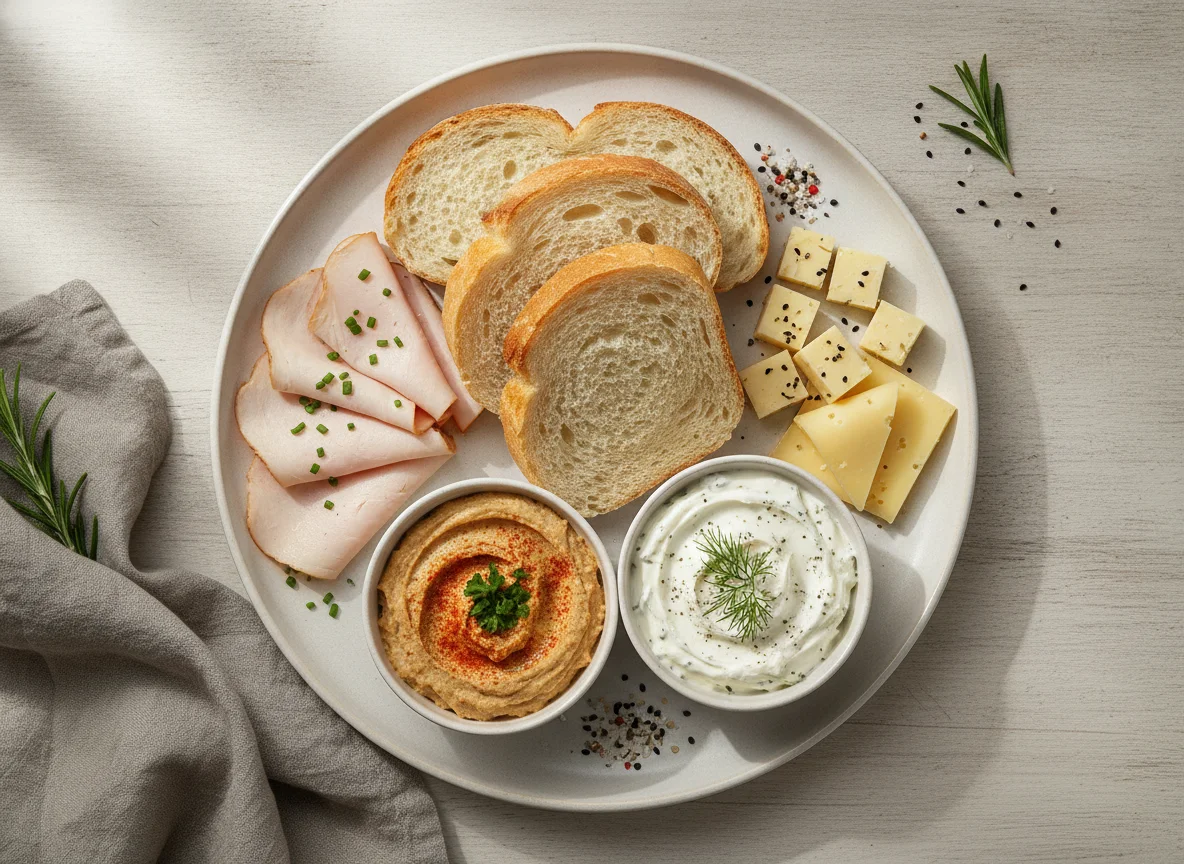 Frühstücksteller mit Brot, Aufschnitt und Käse photo
