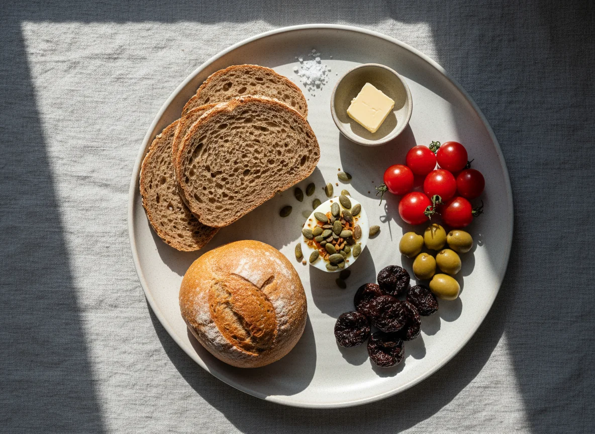 Frühstücksteller mit Brot, Ei und Beilagen photo
