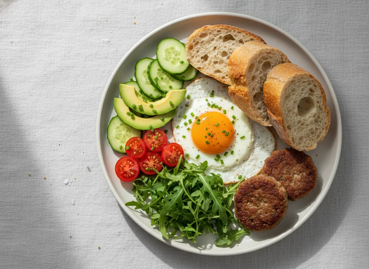Frühstücksteller mit Brot, Ei und Gemüse photo