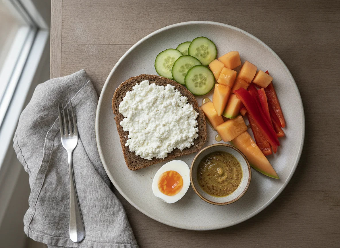 Frühstücksteller mit Brot, Ei und Obst photo