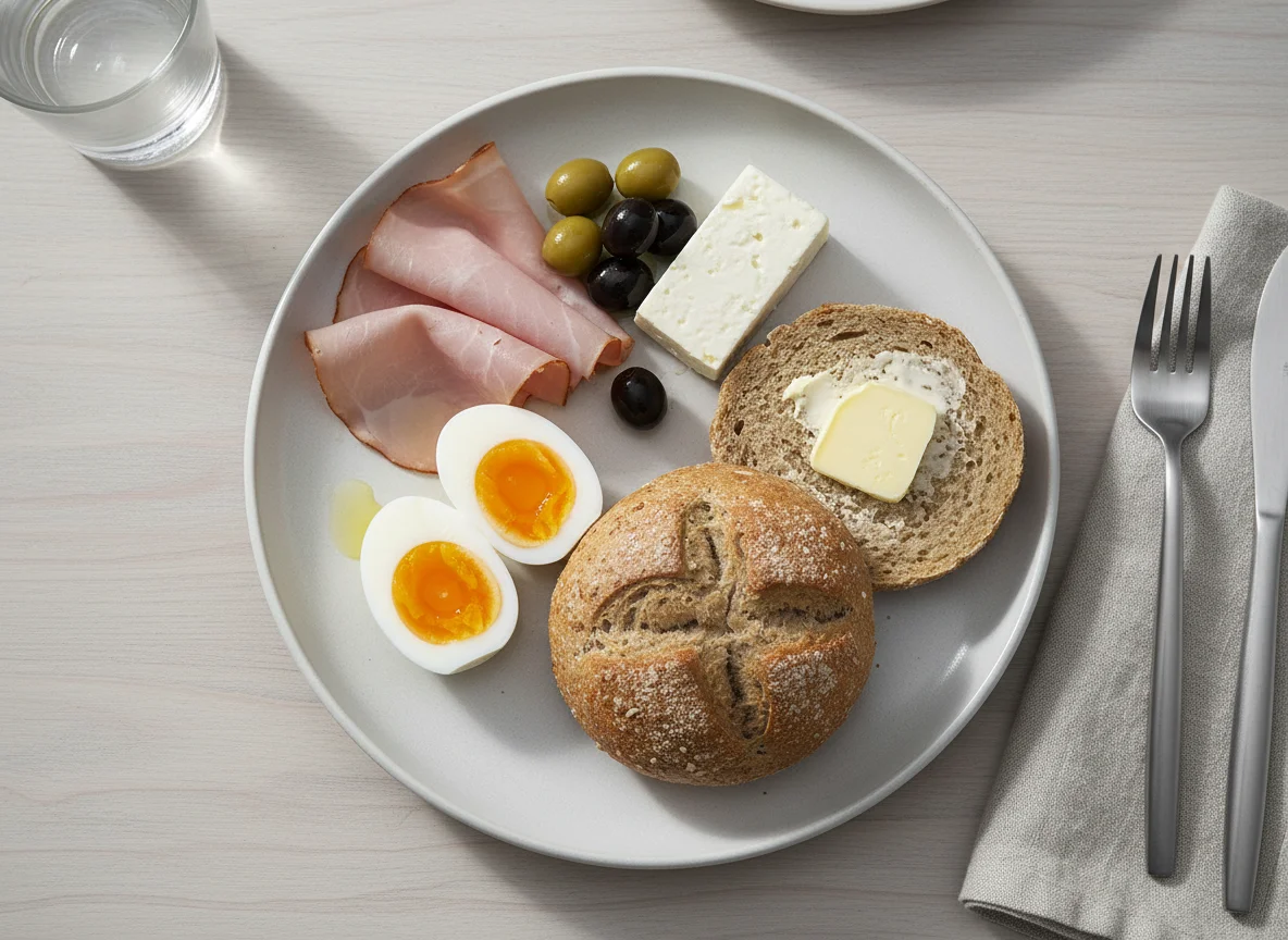 Frühstücksteller mit Brot, Ei und Oliven photo