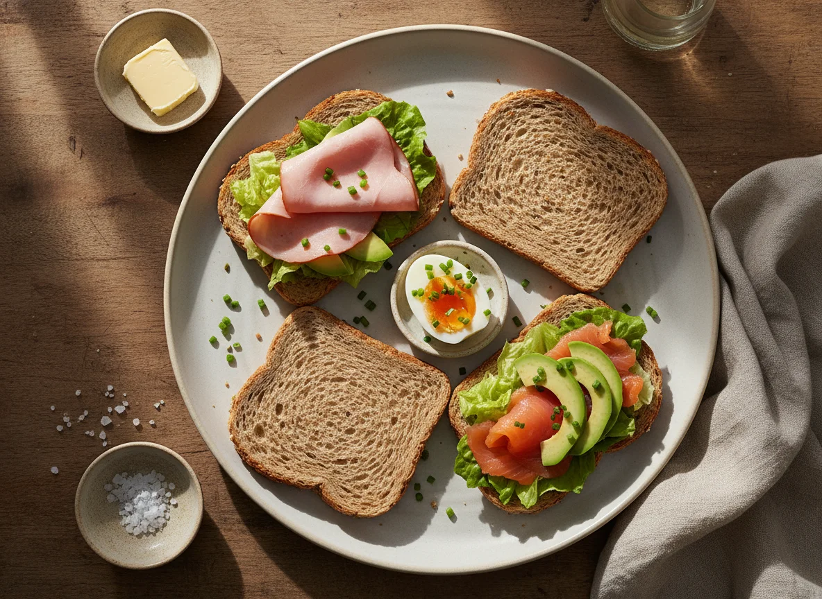 Frühstücksteller mit Brot, Eiern und belegten Broten photo