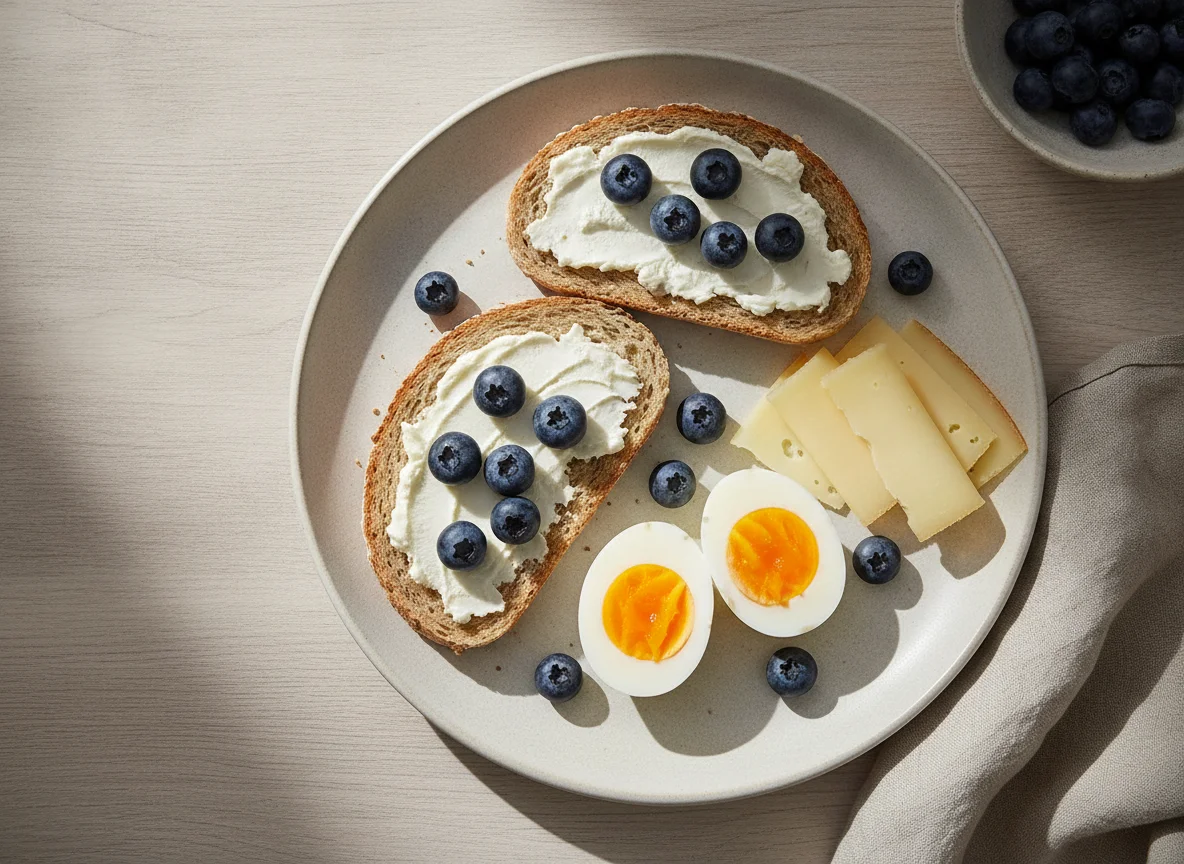 Frühstücksteller mit Brot, Eiern und Blaubeeren photo