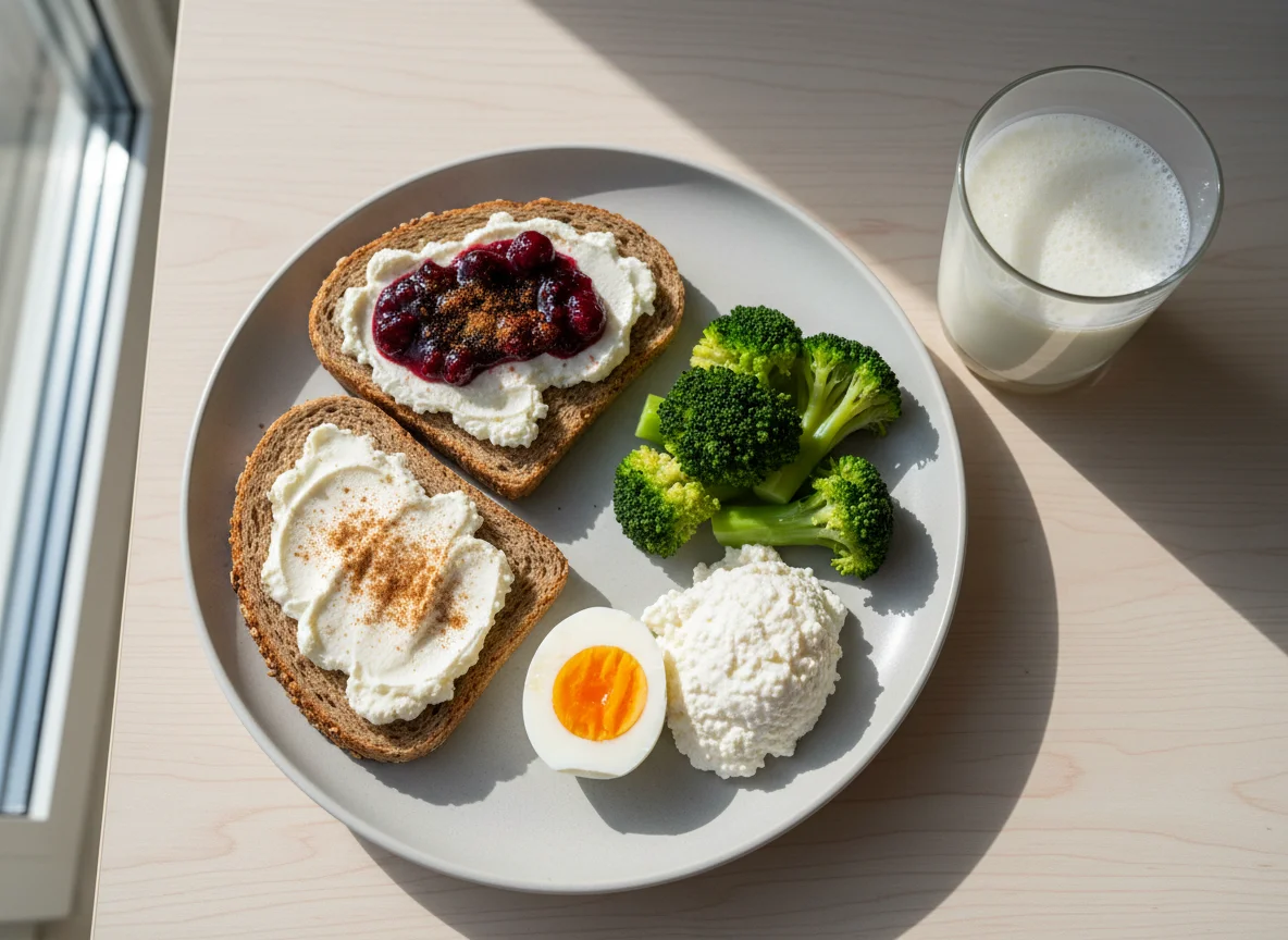 Frühstücksteller mit Brot, Eiern und Brokkoli photo